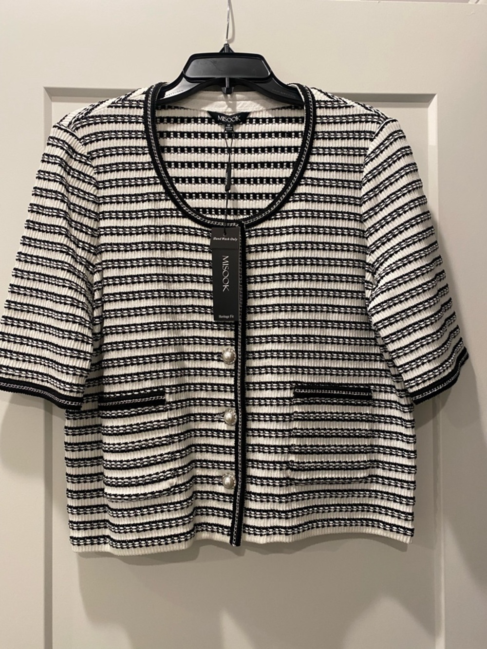 Misook Black and White Striped Short-Sleeve Knit Jacket with Pearl Buttons